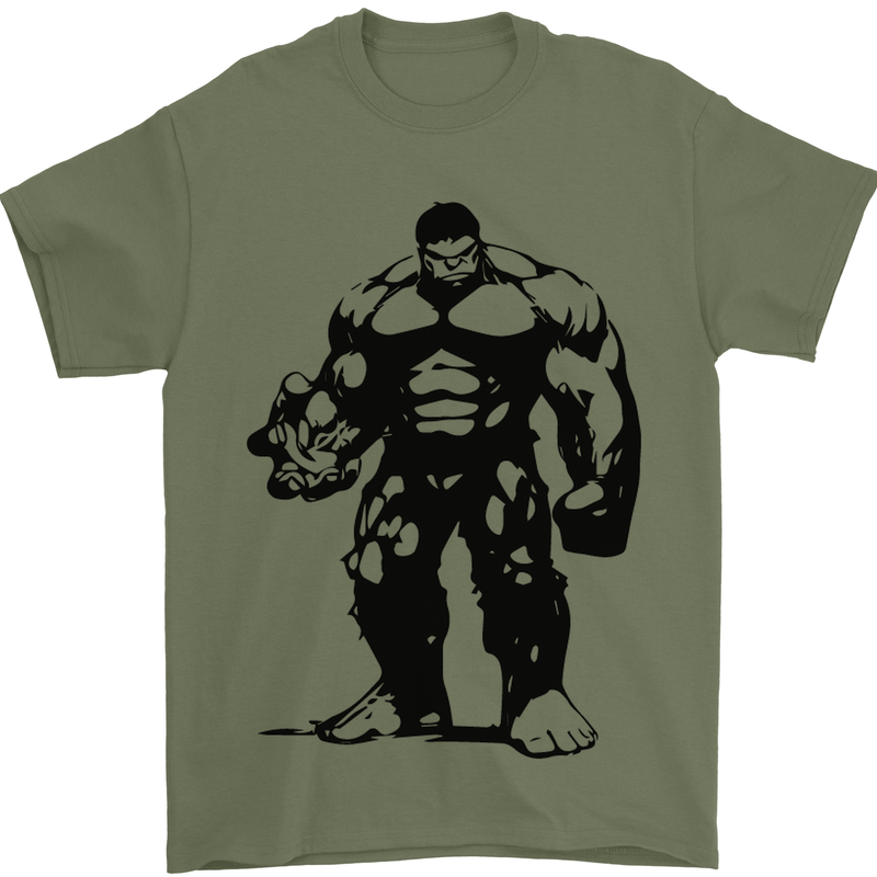 Muscle Man Gym Training Top Bodybuilding Mens T-Shirt Cotton Gildan Military Green