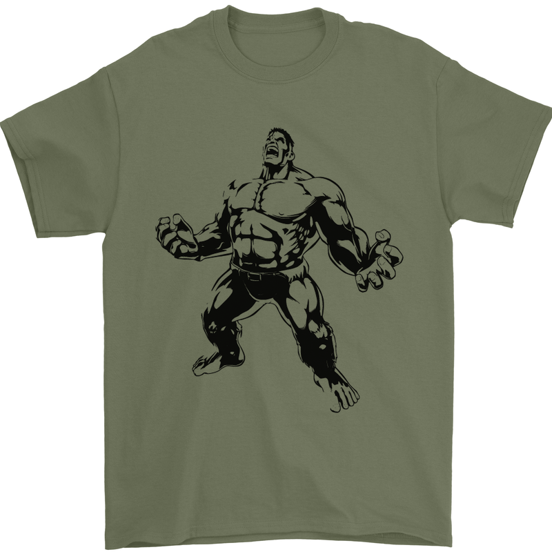 Muscle Man Gym Training Top Bodybuilding Mens T-Shirt Cotton Gildan Military Green