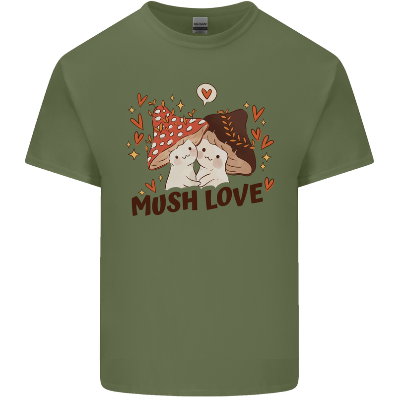 Mush Love Funny Mushroom Mycology Mens Cotton T-Shirt Tee Top Military Green