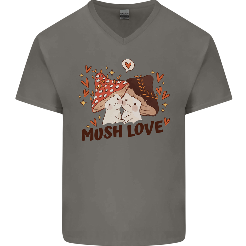 Mush Love Funny Mushroom Mycology Mens V-Neck Cotton T-Shirt Charcoal