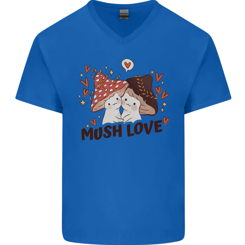 Mush Love Funny Mushroom Mycology Mens V-Neck Cotton T-Shirt Royal Blue