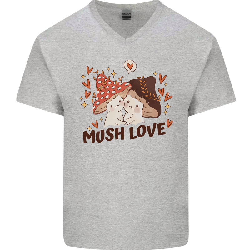 Mush Love Funny Mushroom Mycology Mens V-Neck Cotton T-Shirt Sports Grey