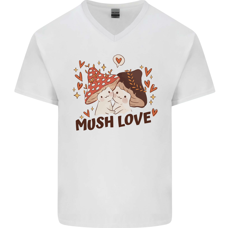 Mush Love Funny Mushroom Mycology Mens V-Neck Cotton T-Shirt White