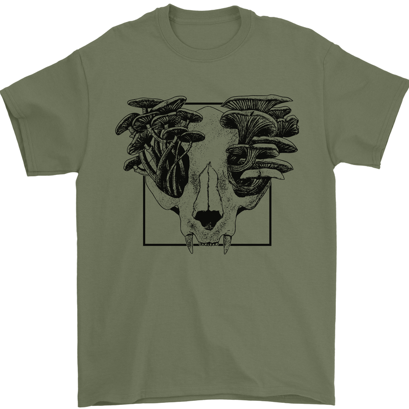 Mushroom Alien Skull Mens T-Shirt 100% Cotton Military Green