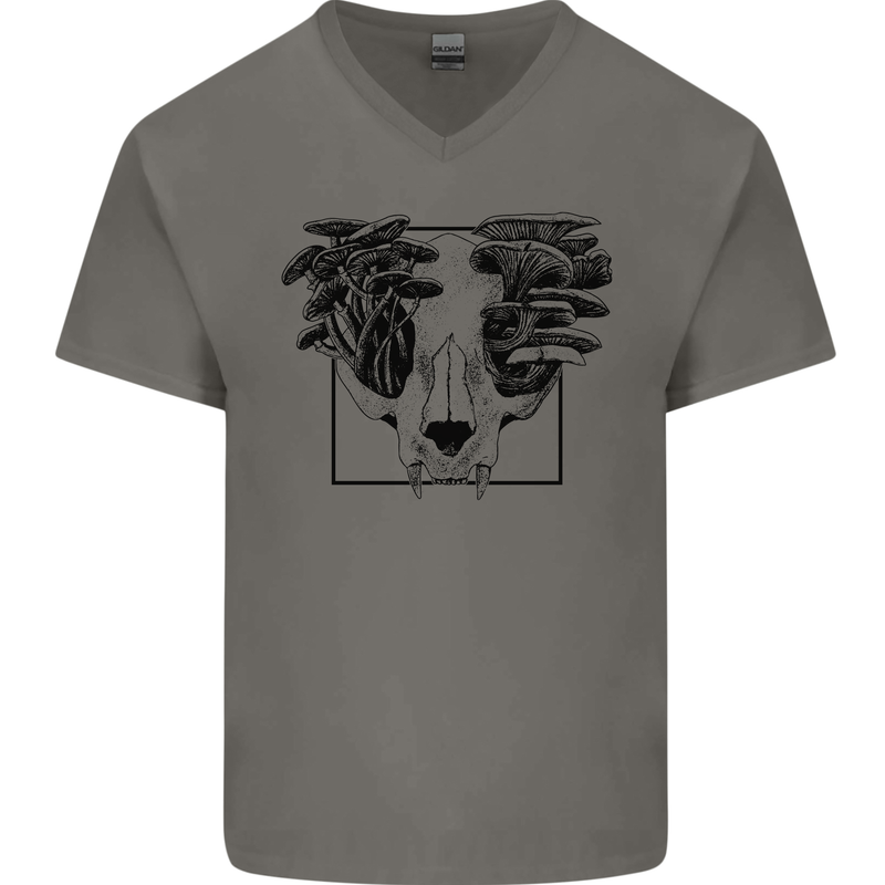 Mushroom Alien Skull Mens V-Neck Cotton T-Shirt Charcoal