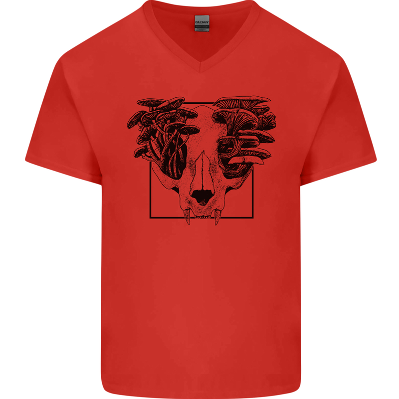 Mushroom Alien Skull Mens V-Neck Cotton T-Shirt Red