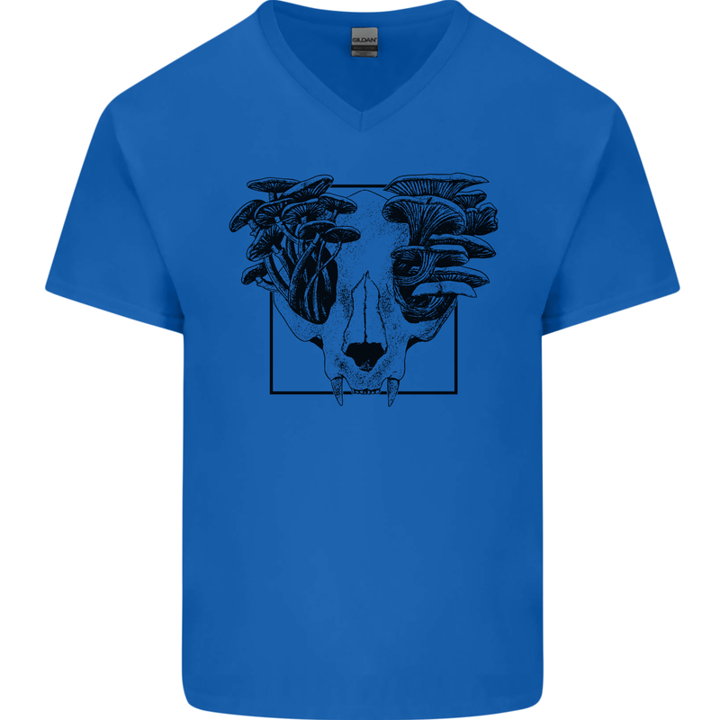Mushroom Alien Skull Mens V-Neck Cotton T-Shirt Royal Blue