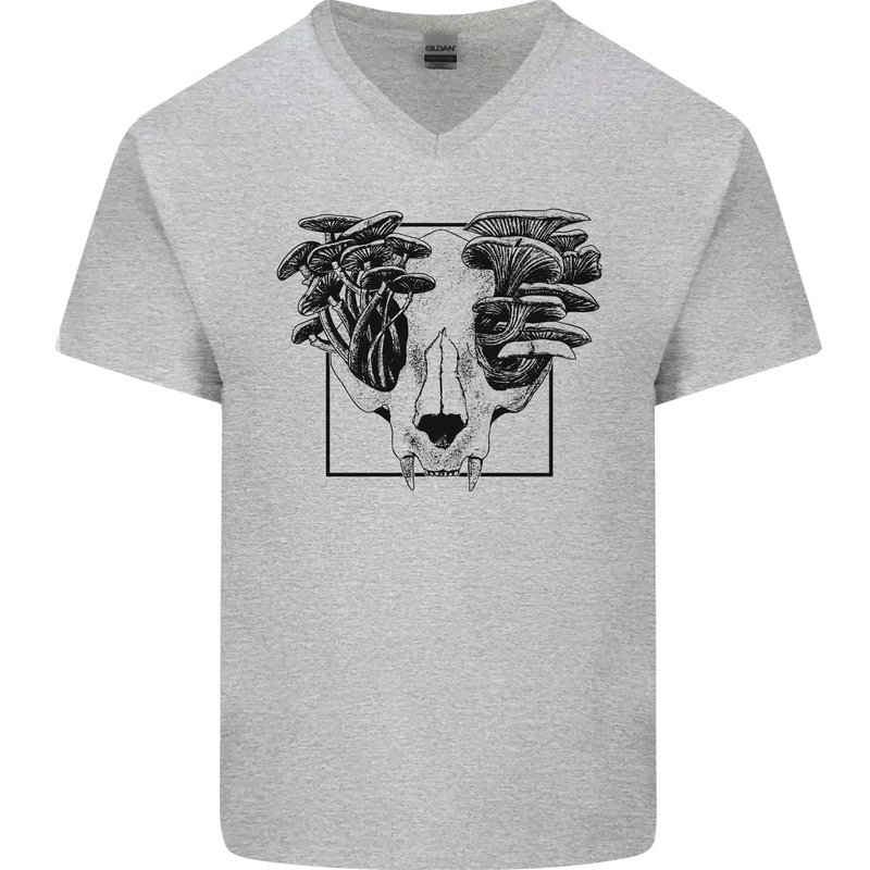 Mushroom Alien Skull Mens V-Neck Cotton T-Shirt Sports Grey