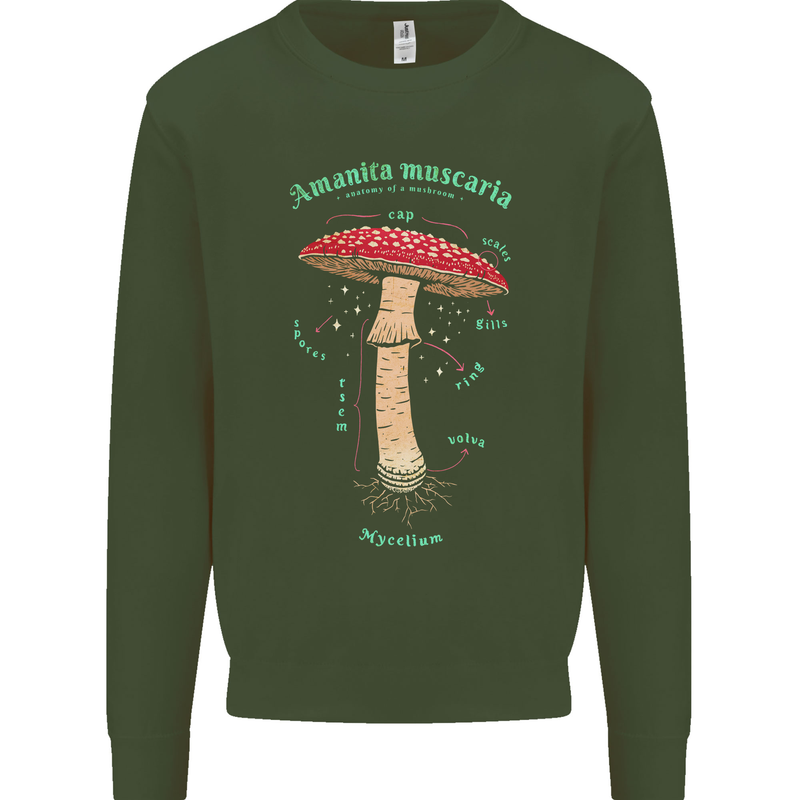 Mushroom Anatomy Magic LSD Kids Sweatshirt Jumper Forest Green