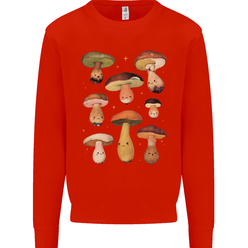 Mushroom Faces Foraging Mycology Kids Sweatshirt Jumper Bright Red
