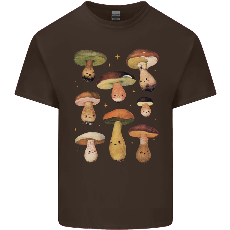 Mushroom Faces Foraging Mycology Mens Cotton T-Shirt Tee Top Dark Chocolate