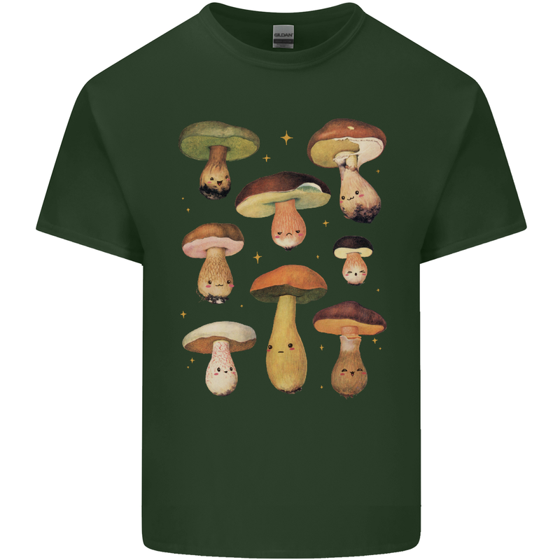 Mushroom Faces Foraging Mycology Mens Cotton T-Shirt Tee Top Forest Green