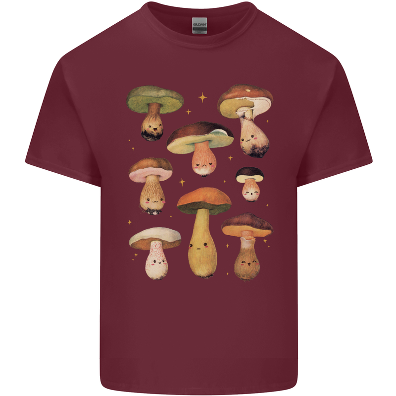 Mushroom Faces Foraging Mycology Mens Cotton T-Shirt Tee Top Maroon