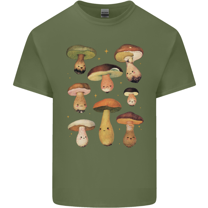 Mushroom Faces Foraging Mycology Mens Cotton T-Shirt Tee Top Military Green