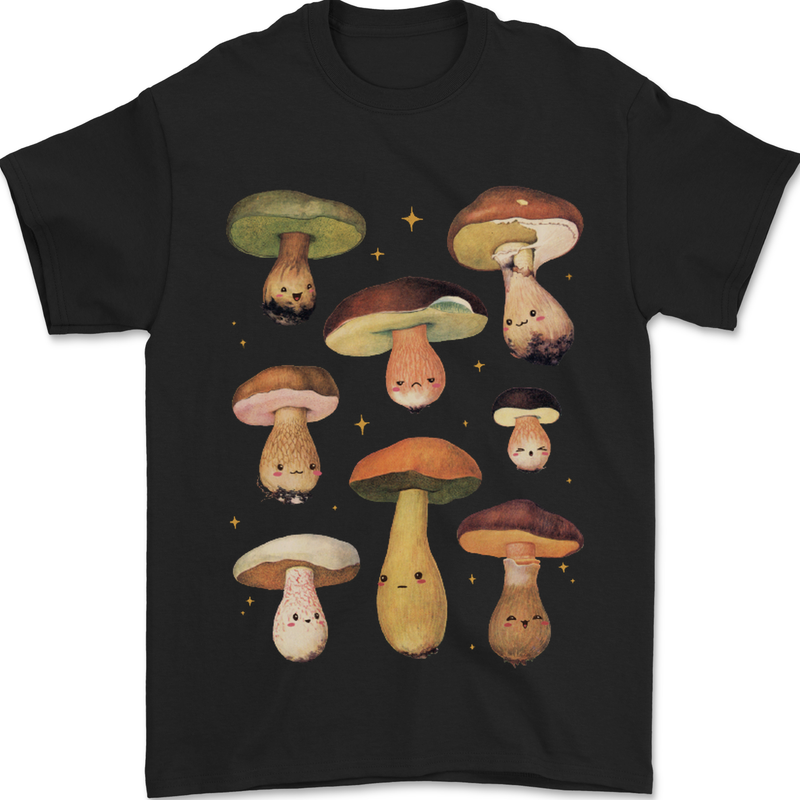 Mushroom Faces Foraging Mycology Mens T-Shirt 100% Cotton Black