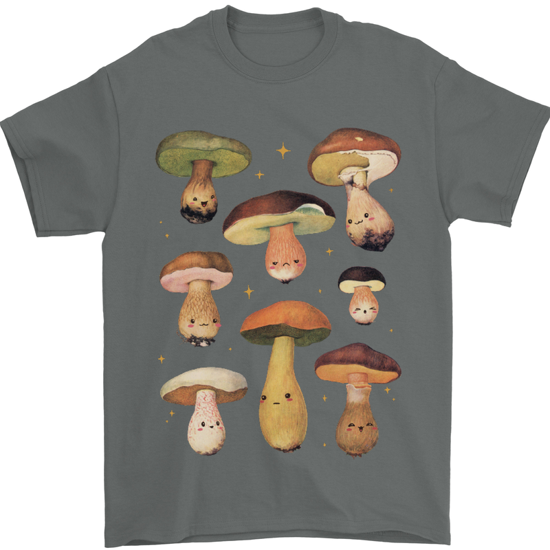 Mushroom Faces Foraging Mycology Mens T-Shirt 100% Cotton Charcoal