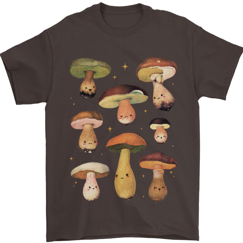 Mushroom Faces Foraging Mycology Mens T-Shirt 100% Cotton Dark Chocolate