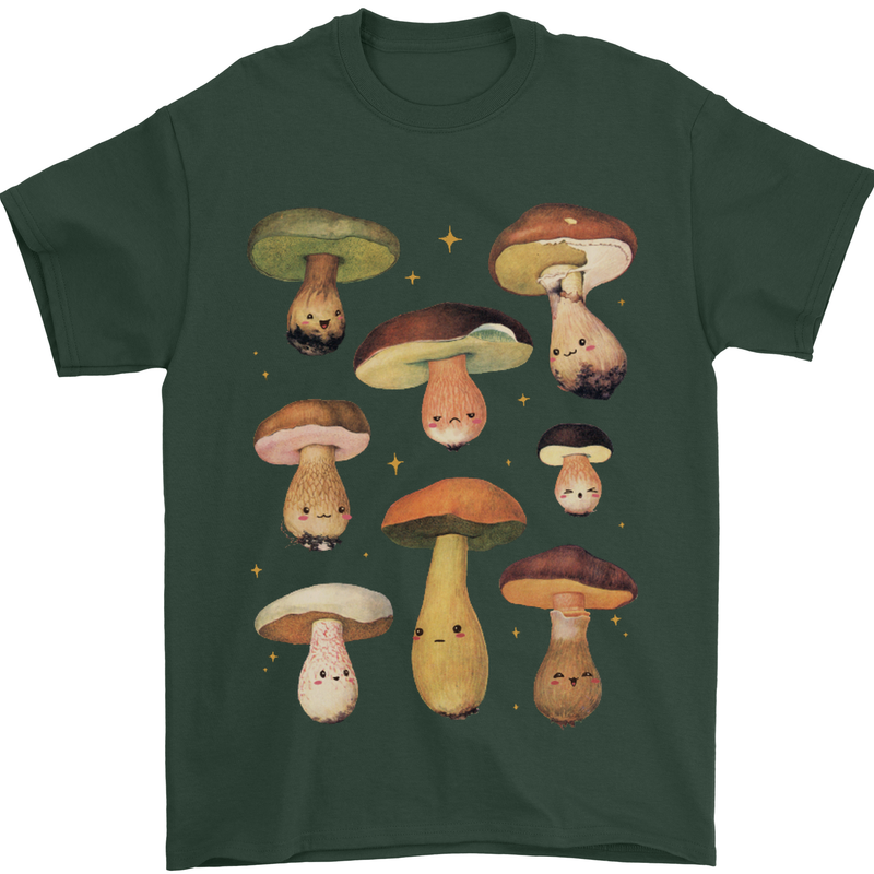 Mushroom Faces Foraging Mycology Mens T-Shirt 100% Cotton Forest Green