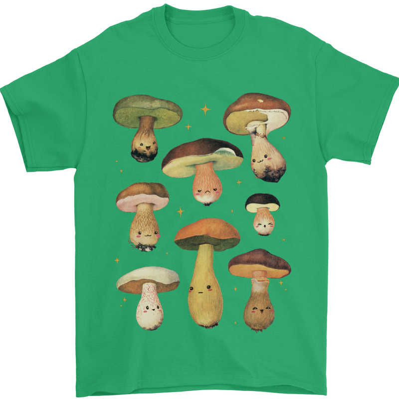 Mushroom Faces Foraging Mycology Mens T-Shirt 100% Cotton Irish Green