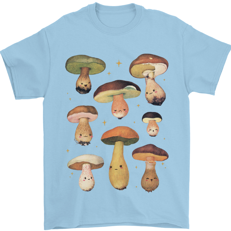 Mushroom Faces Foraging Mycology Mens T-Shirt 100% Cotton Light Blue