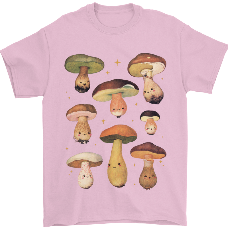 Mushroom Faces Foraging Mycology Mens T-Shirt 100% Cotton Light Pink