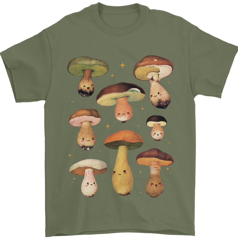 Mushroom Faces Foraging Mycology Mens T-Shirt 100% Cotton Military Green