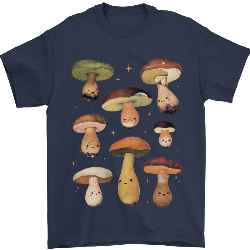 Mushroom Faces Foraging Mycology Mens T-Shirt 100% Cotton Navy Blue