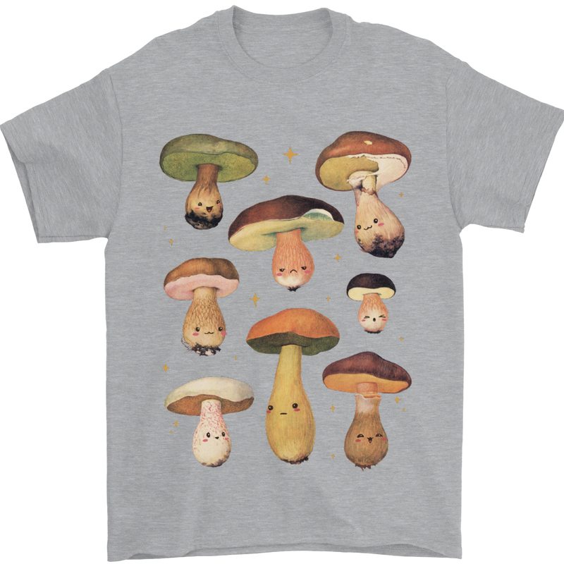 Mushroom Faces Foraging Mycology Mens T-Shirt 100% Cotton Sports Grey