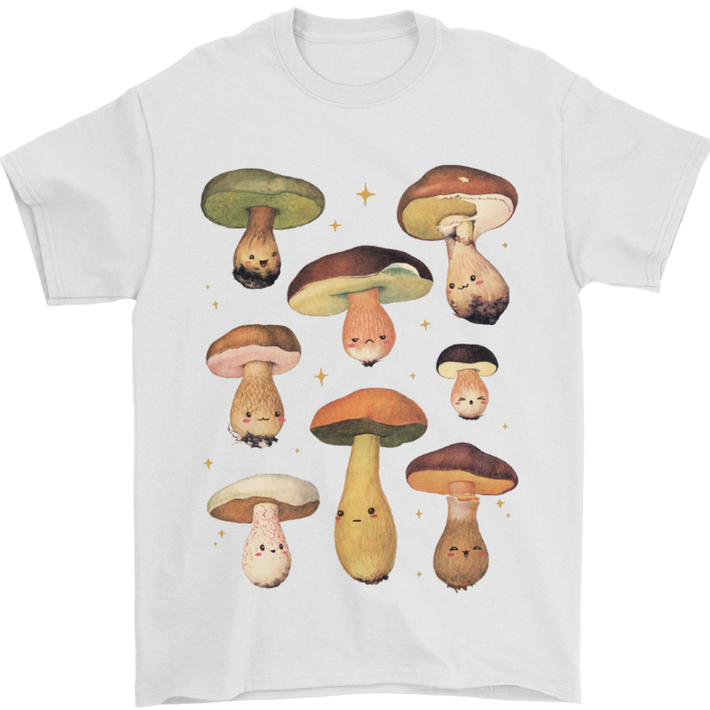 Mushroom Faces Foraging Mycology Mens T-Shirt 100% Cotton White