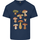 Mushroom Faces Foraging Mycology Mens V-Neck Cotton T-Shirt Navy Blue