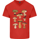 Mushroom Faces Foraging Mycology Mens V-Neck Cotton T-Shirt Red