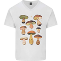 Mushroom Faces Foraging Mycology Mens V-Neck Cotton T-Shirt White