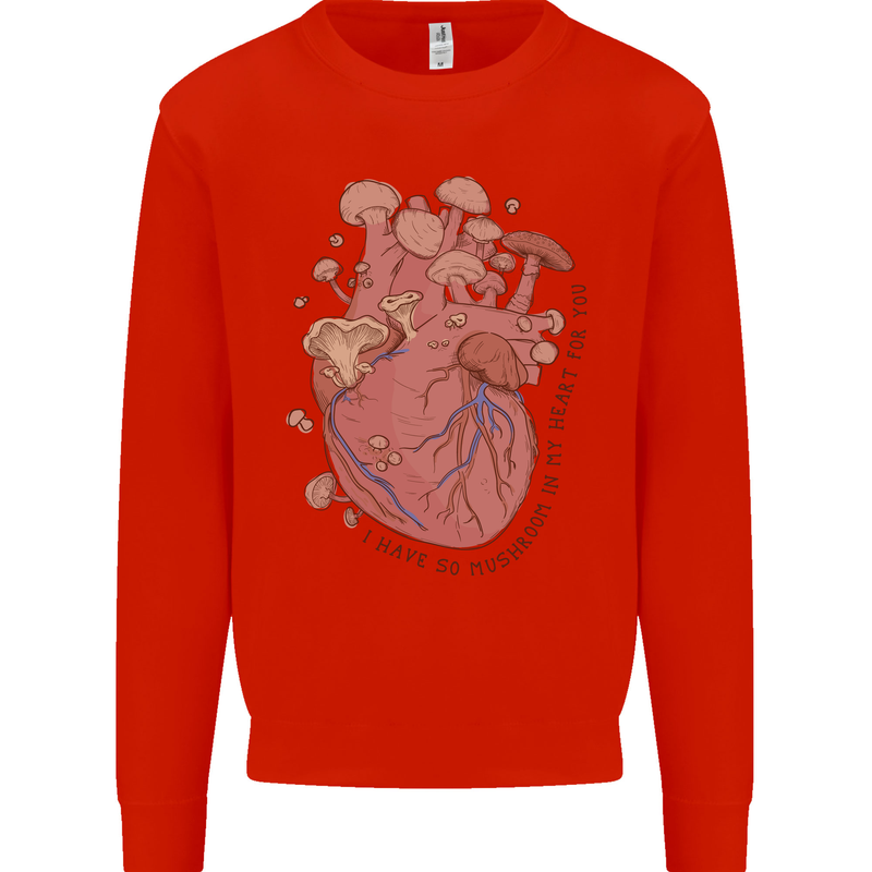 Mushroom Heart Foraging Mycology Kids Sweatshirt Jumper Bright Red