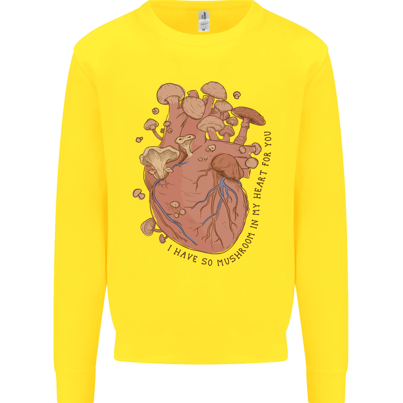 Mushroom Heart Foraging Mycology Kids Sweatshirt Jumper Yellow