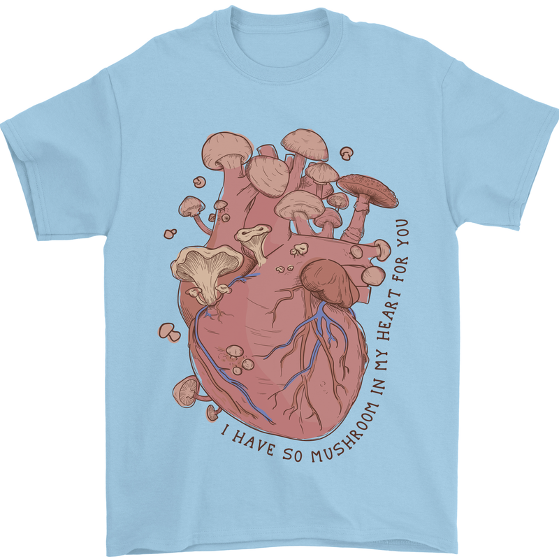 Mushroom Heart Foraging Mycology Mens T-Shirt 100% Cotton Light Blue
