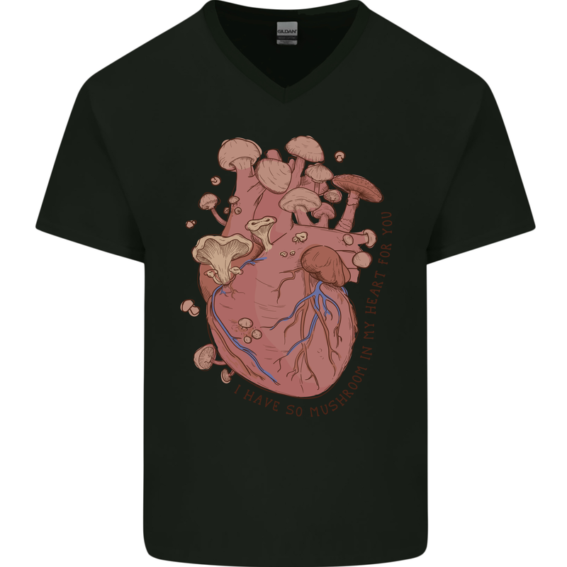 Mushroom Heart Foraging Mycology Mens V-Neck Cotton T-Shirt Black
