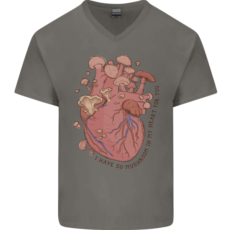 Mushroom Heart Foraging Mycology Mens V-Neck Cotton T-Shirt Charcoal