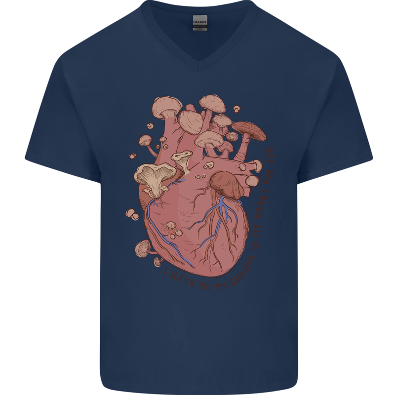 Mushroom Heart Foraging Mycology Mens V-Neck Cotton T-Shirt Navy Blue