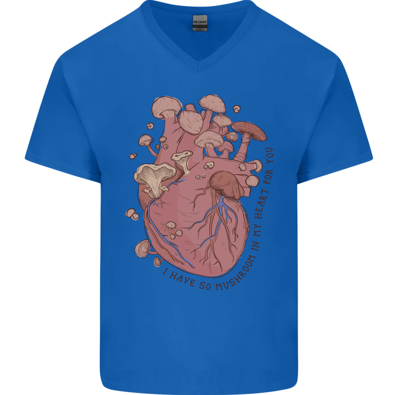 Mushroom Heart Foraging Mycology Mens V-Neck Cotton T-Shirt Royal Blue