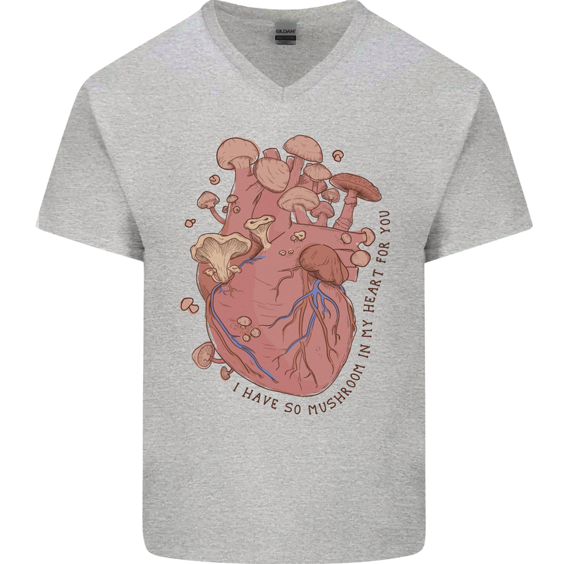 Mushroom Heart Foraging Mycology Mens V-Neck Cotton T-Shirt Sports Grey