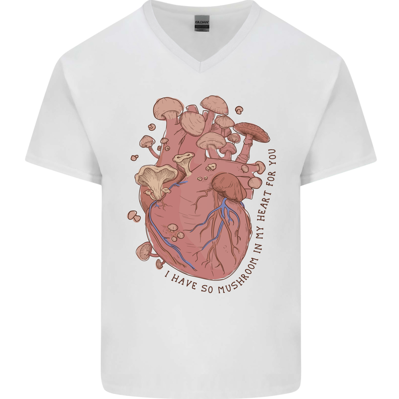 Mushroom Heart Foraging Mycology Mens V-Neck Cotton T-Shirt White