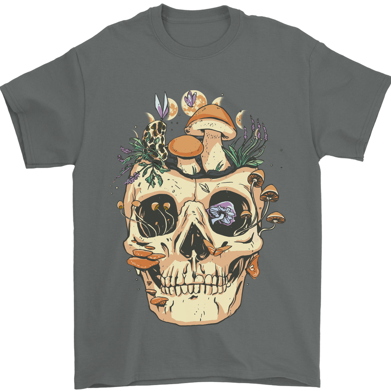 Mushroom Skull Nature Ecology Toadstool Mens T-Shirt Cotton Gildan Charcoal