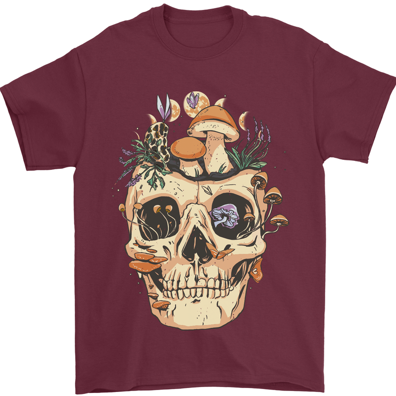 Mushroom Skull Nature Ecology Toadstool Mens T-Shirt Cotton Gildan Maroon