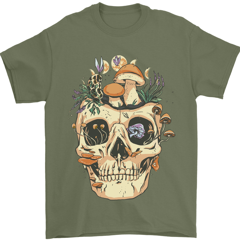Mushroom Skull Nature Ecology Toadstool Mens T-Shirt Cotton Gildan Military Green