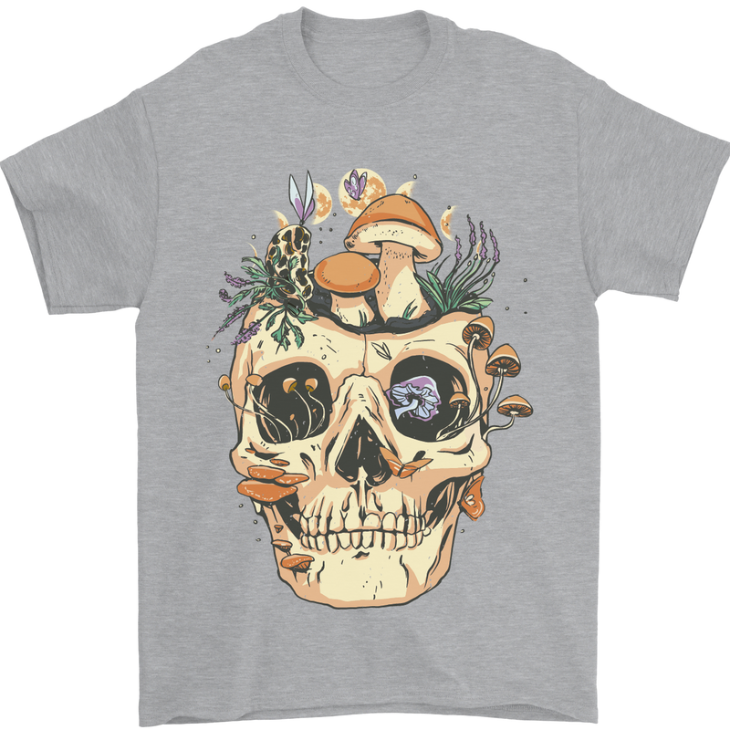 Mushroom Skull Nature Ecology Toadstool Mens T-Shirt Cotton Gildan Sports Grey
