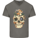 Mushroom Skull Nature Ecology Toadstool Mens V-Neck Cotton T-Shirt Charcoal