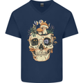 Mushroom Skull Nature Ecology Toadstool Mens V-Neck Cotton T-Shirt Navy Blue