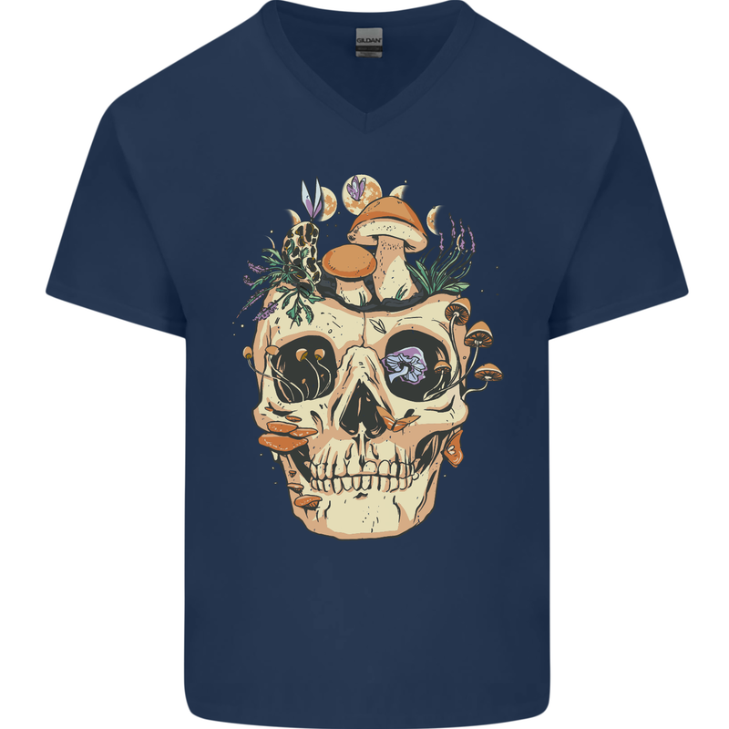 Mushroom Skull Nature Ecology Toadstool Mens V-Neck Cotton T-Shirt Navy Blue