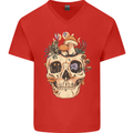 Mushroom Skull Nature Ecology Toadstool Mens V-Neck Cotton T-Shirt Red
