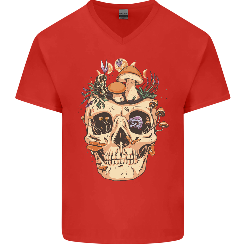 Mushroom Skull Nature Ecology Toadstool Mens V-Neck Cotton T-Shirt Red